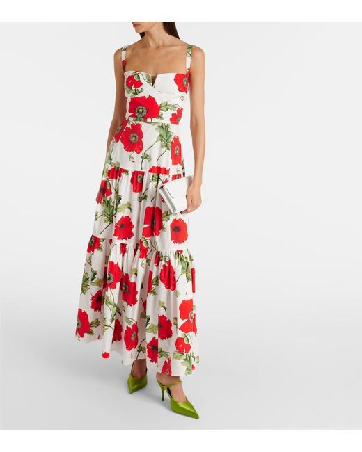 Oscar de la Renta Floral Tiered Cotton-Blend Poplin Maxi Dress