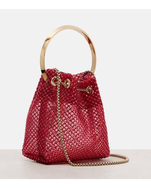 Jimmy Choo Red Bon Bon Small Embellished Satin Bucket Bag