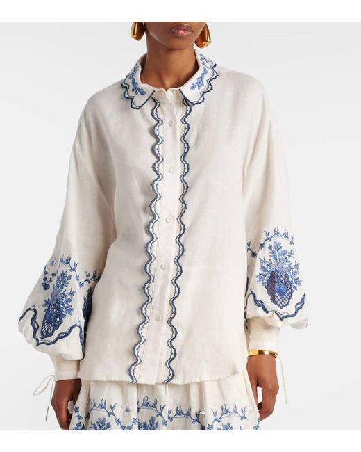 Agua Bendita White Bedruckte Bluse Abadia Wild Aus Leinen