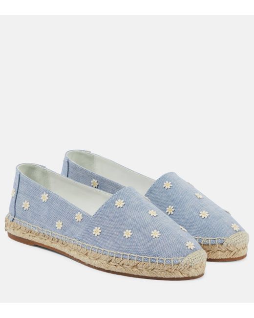 Manolo Blahnik Blue Susille Embroidered Chambray Espadrilles