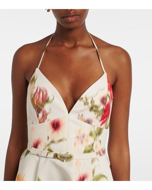 Oscar de la Renta White Belted Floral Faille Cocktail Dress
