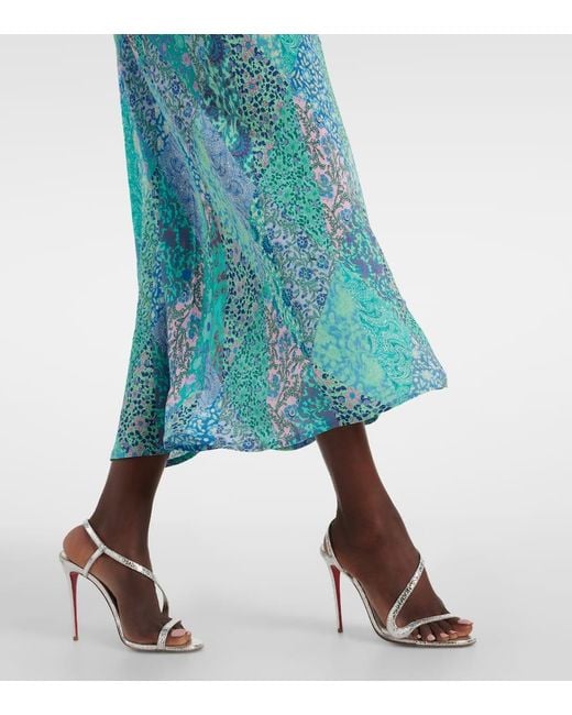 Rixo Blue Ardith Patchwork Silk Midi Skirt