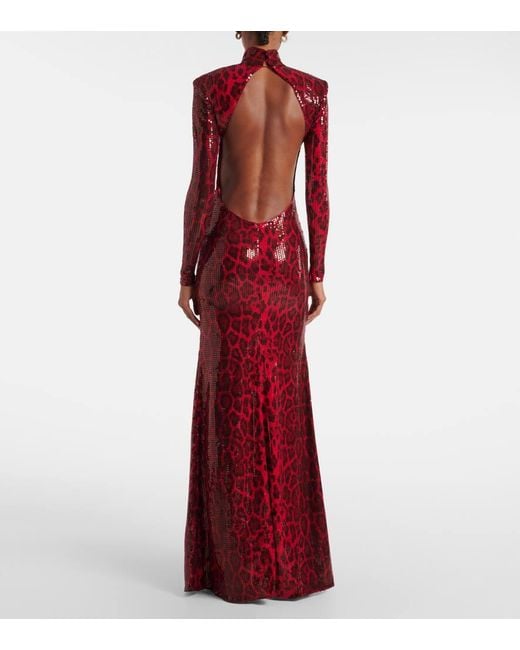 The New Arrivals Ilkyaz Ozel Red Sequined Leopard-Print Open-Back Gown