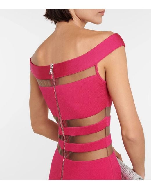 Balmain Pink Off-Shoulder-Kleid Mit Mesh