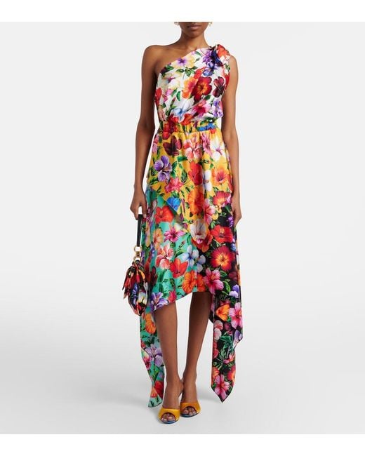 Dolce & Gabbana White Floral One-Shoulder Silk Midi Dress