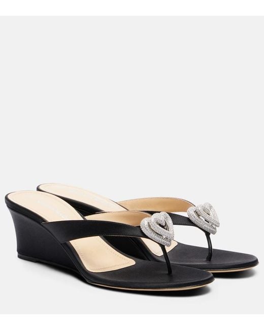 Mach & Mach Black Double Heart Satin Wedge Thong Sandals