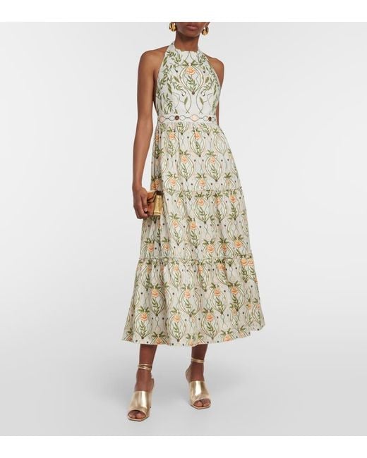 Agua Bendita Metallic Consuelo Lunar Embroidered Linen Midi Dress