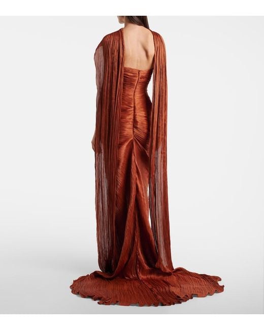 Marmar Halim Red Draped Pleated Scarf-Detail Bustier Gown