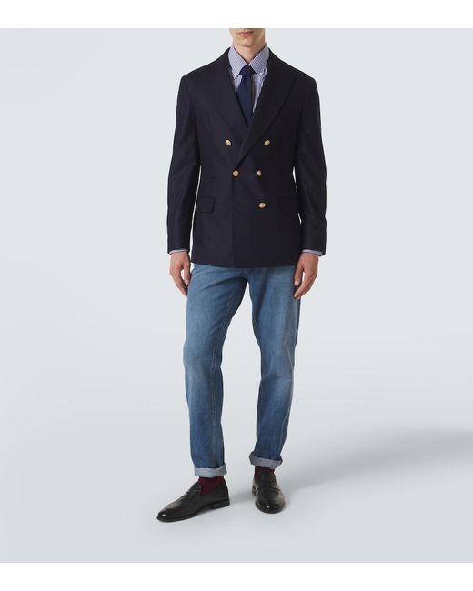 Brunello Cucinelli Blue Double-Breasted Virgin Wool Blazer for men