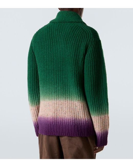 Sacai Green Ribbed-Knit Wool Zip-Up Cardigan for men