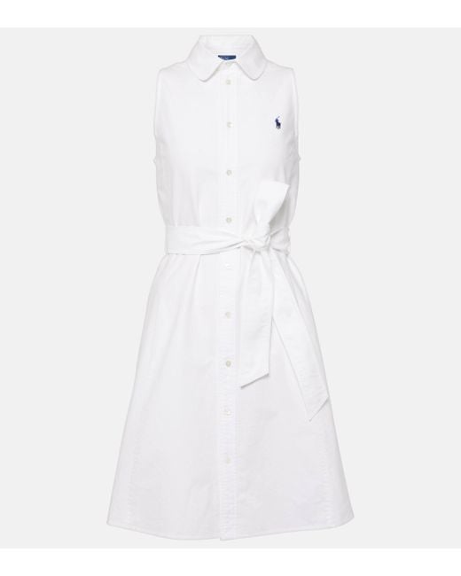 Polo Ralph Lauren White Logo-embroidered Belted Cotton-poplin Midi Dress