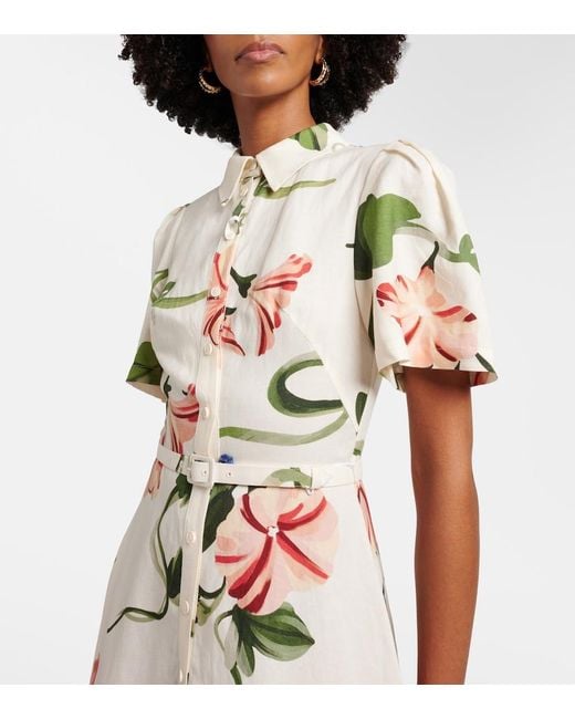 LEO LIN Natural Becca Belted Floral Linen-Blend Shirt Dress