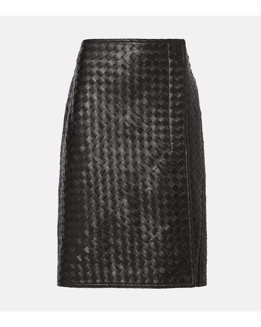 Bottega Veneta Black Intrecciato Leather Midi Skirt