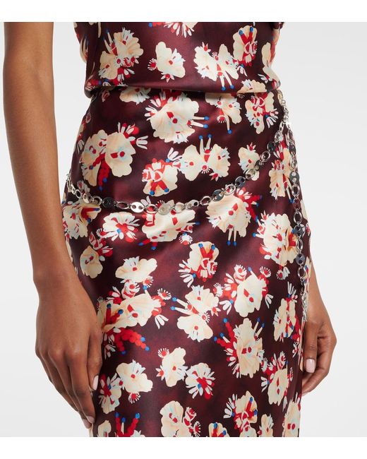 Rabanne Red Chain-Detail Floral Silk Maxi Skirt