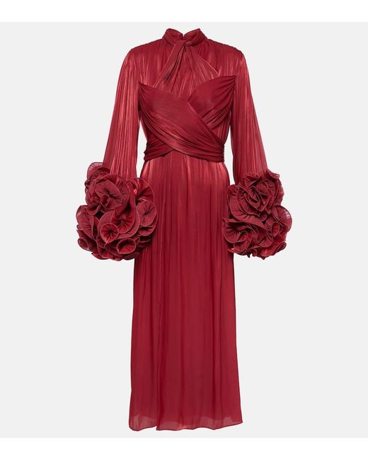 Costarellos Red Mellonia Draped Lame Midi Dress
