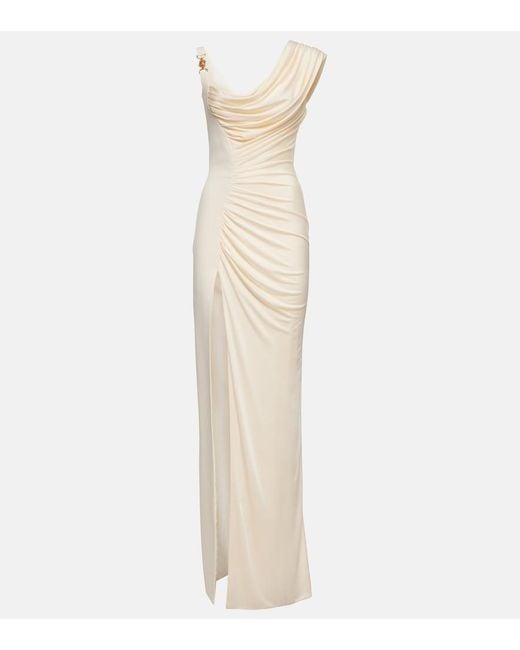 Versace Natural Asymmetric Draped Medusa '95 Dress With Accen