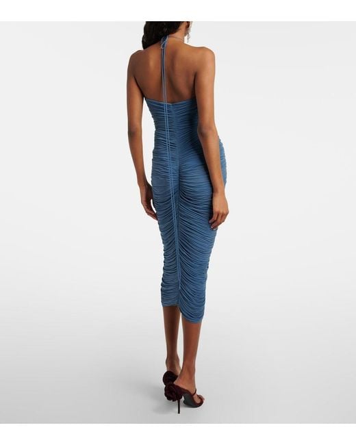 Magda Butrym Blue Floral-Applique Ruched Midi Dress