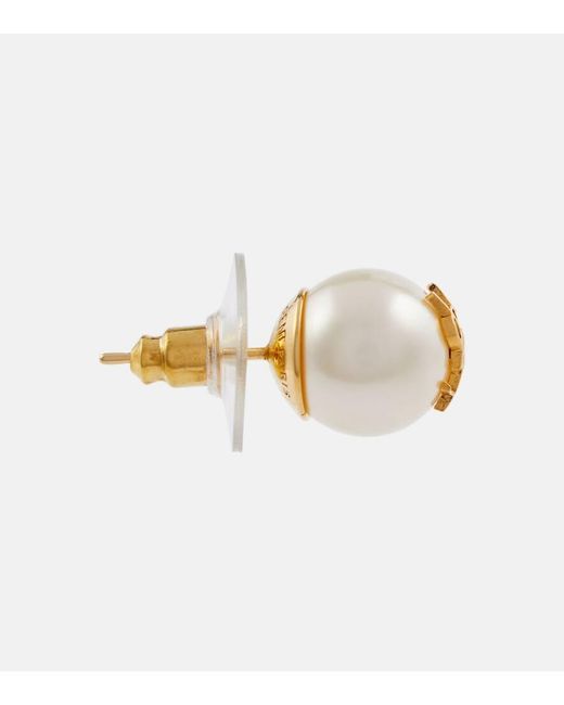 Saint Laurent Metallic Logo Faux Pearl Stud Earrings