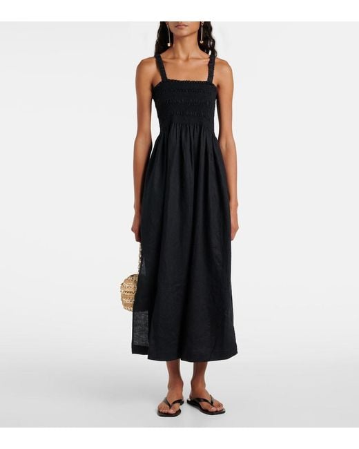 Heidi Klein Black La Bocana Shirred Linen Midi Dress
