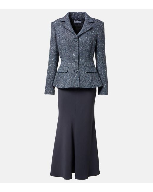 Self-Portrait Blue Boucle And Crepe Midi Dress
