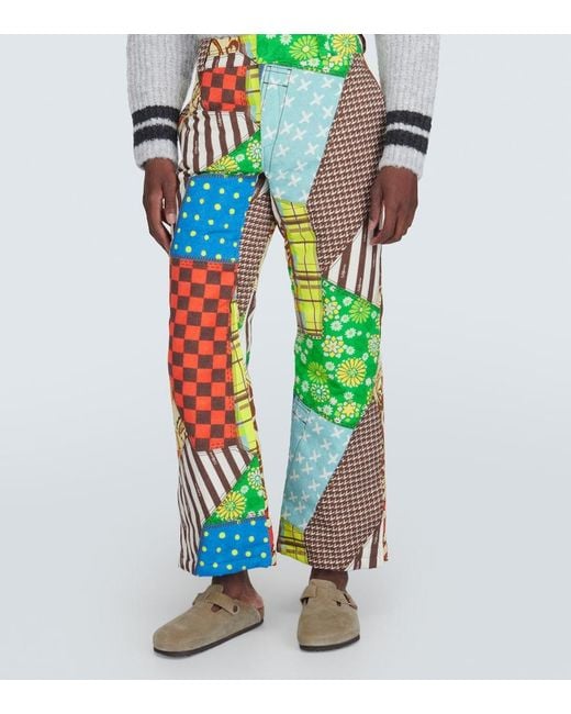 ERL Green Printed Cotton-Blend Flared Pants for men