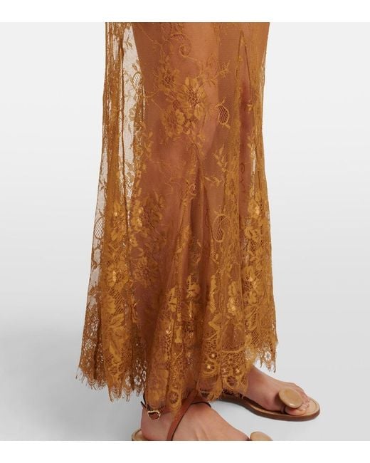 JACQUES WEI Brown Silk-Trimmed Lace Maxi Dress