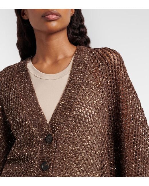 Brunello Cucinelli Brown Open-Knit Sequined Cardigan