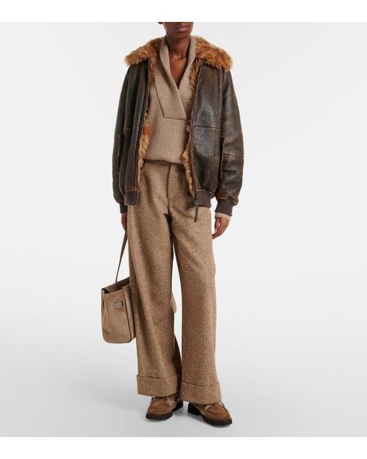 Brunello Cucinelli Brown Monili Shearling-Trimmed Leather Blouson Jacket