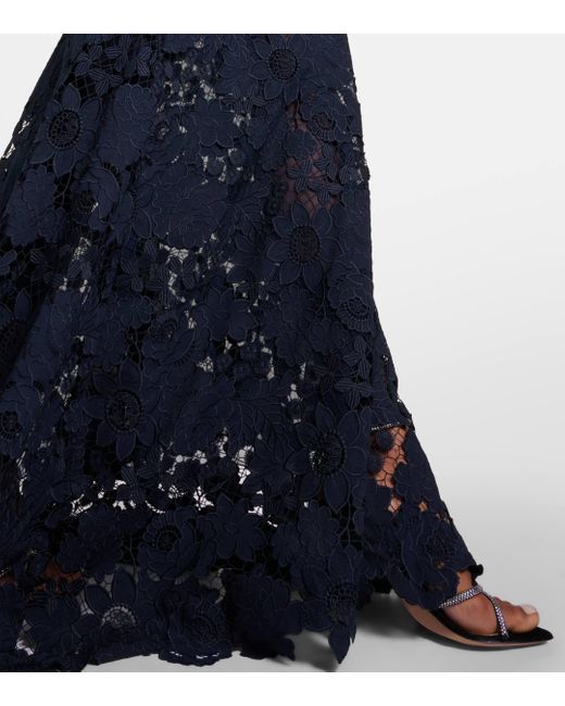 Oscar de la Renta Blue Floral Off-shoulder Guipure Lace Gown