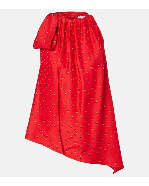 Acne Red Sombana Printed Asymmetric Silk Top
