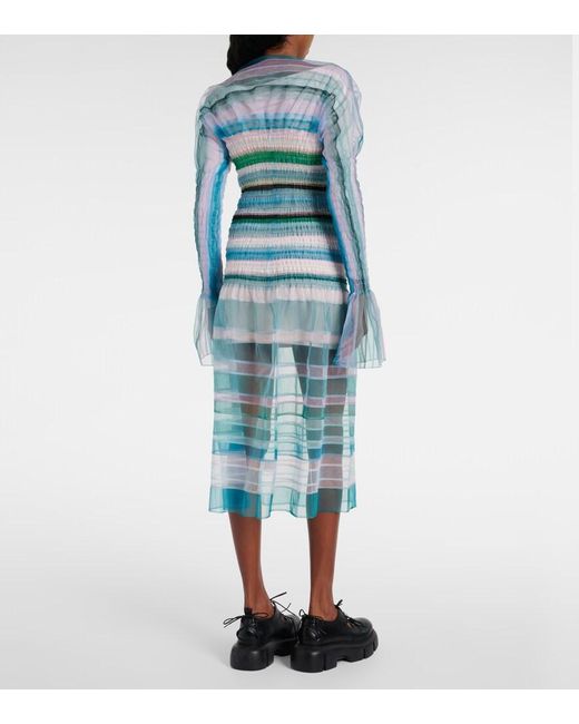 SUSAN FANG Blue Striped Sheer Midi Dress