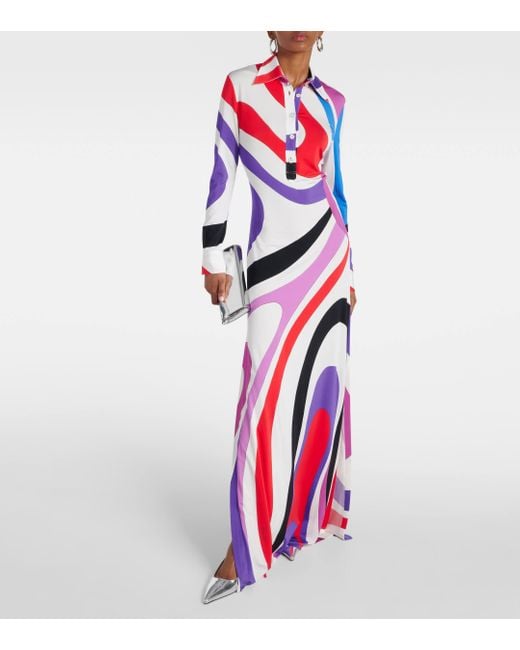 Robe longue Marmo imprimee en satin Emilio Pucci en coloris White