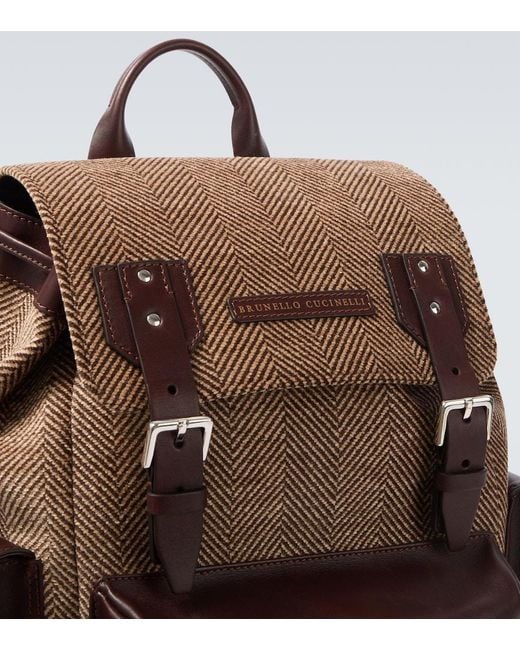 Brunello Cucinelli Brown Herringbone Leather-Trimmed Backpack for men