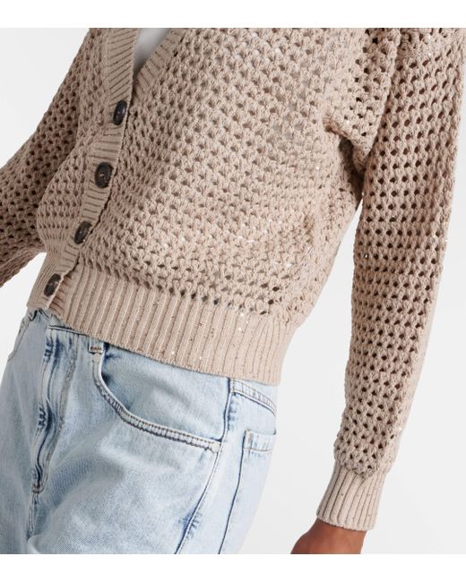 Brunello Cucinelli Natural Sequined Open-knit Cotton-blend Cardigan