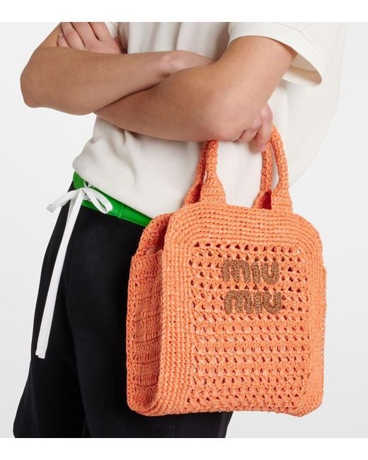 Miu Miu Orange Small Raffia Tote Bag