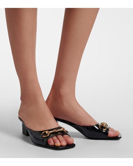 Gucci Black Signora Horsebit Patent Leather Mules