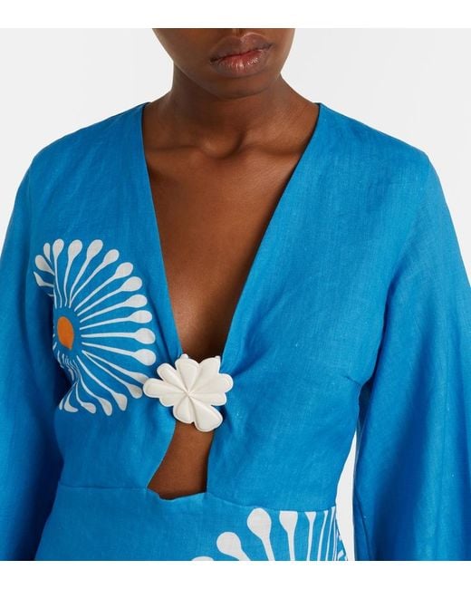 Cala De La Cruz Blue Vera Floral Linen Minidress