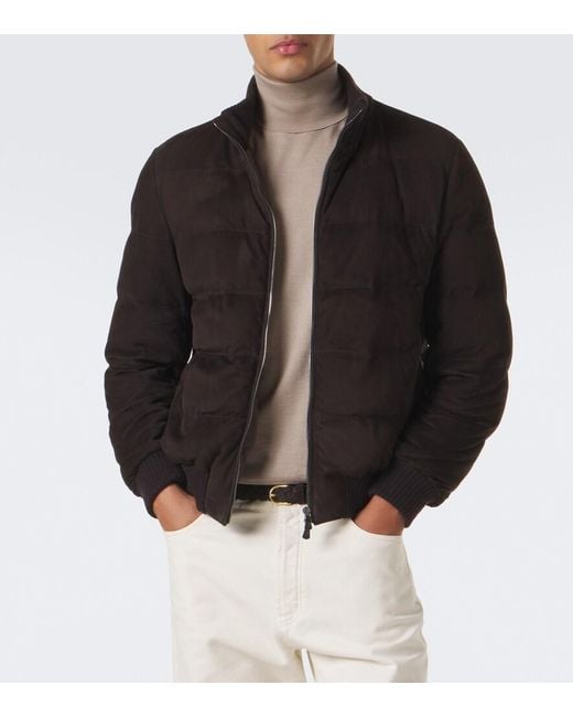 Fedeli Black Padded Suede Bomber Jacket for men