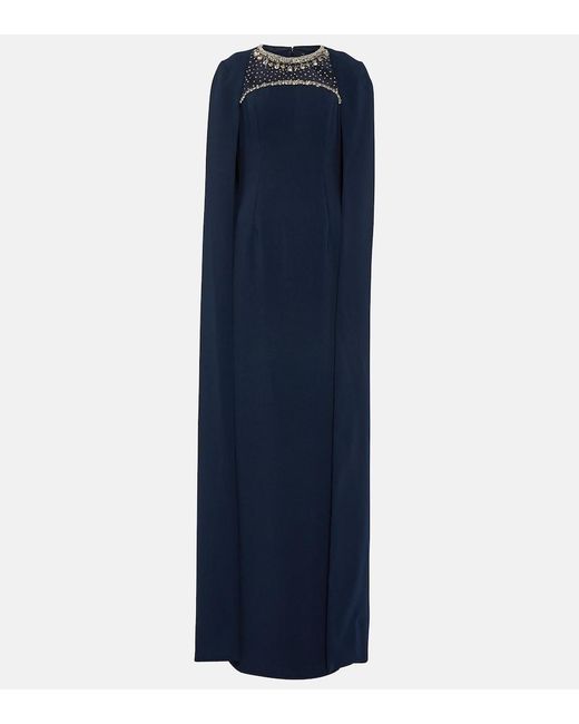 Jenny Packham Blue Loretta Cape-effect Crystal-embellished Crepe Gown