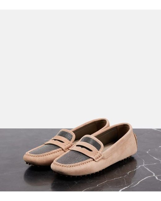 Brunello Cucinelli Pink Mokassins Monili Aus Veloursleder