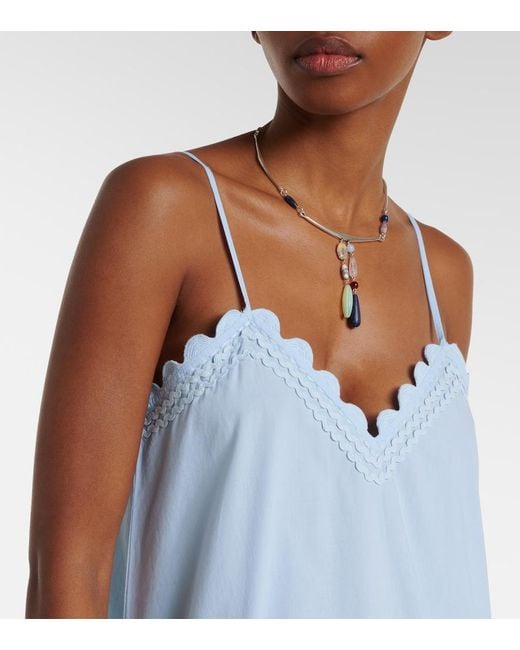 Juliet Dunn Blue Embroidered Scalloped Cotton Midi Dress