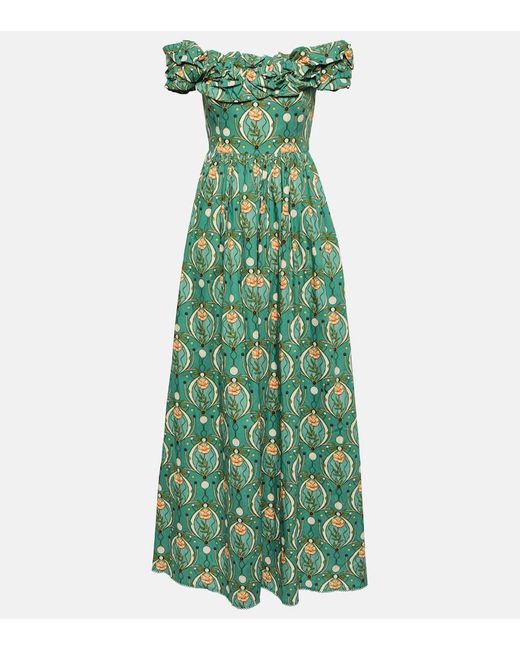 Agua Bendita Green + Net Sustain Espliego Lunar Off-the-shoulder Printed Organic Cotton-poplin Maxi Dress
