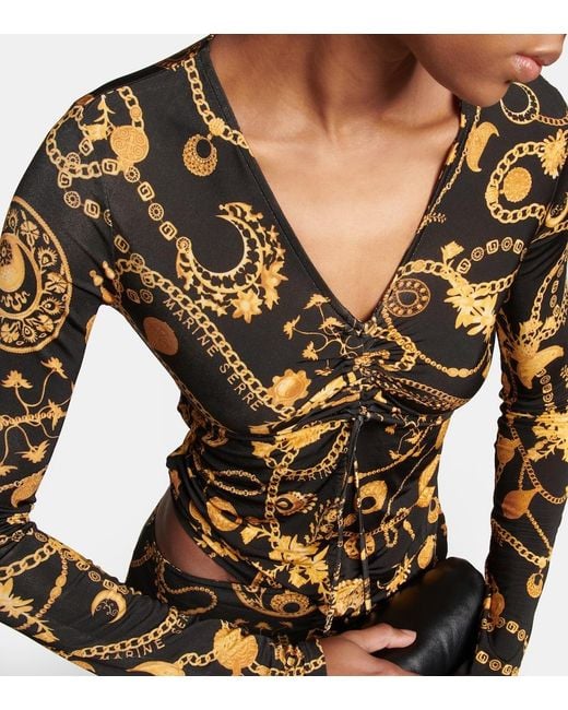 MARINE SERRE Yellow Printed Ruched Top
