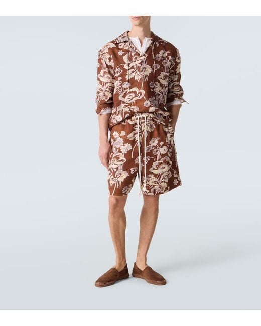 Commas Brown Floral Tie-Neck Linen Shirt for men