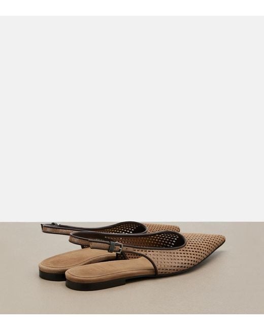 Brunello Cucinelli Brown Perforated Leather Slingback Flats