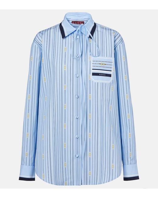 Gucci Blue Tie-Neck Printed Cotton-Poplin Shirt