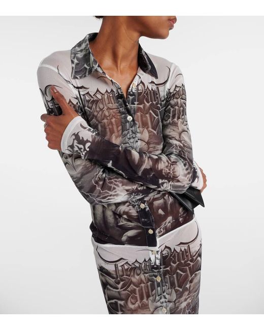 Jean Paul Gaultier White Bedrucktes Hemdblusenkleid aus Mesh