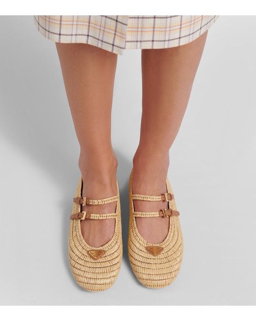 Prada Crochet Leather-Trimmed Mary Jane Flats in Brown | Lyst