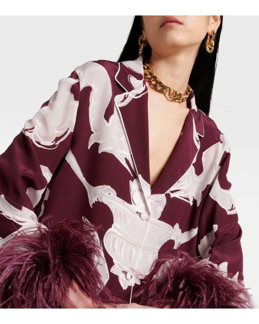 Valentino Red Printed Feather-trimmed Silk Crepe De Chine Blouse