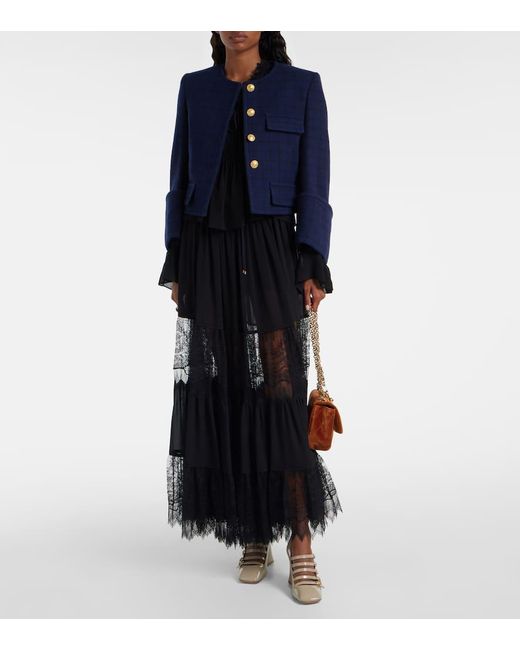 Chloé Blue Checked Cropped Wool-Blend Jacket